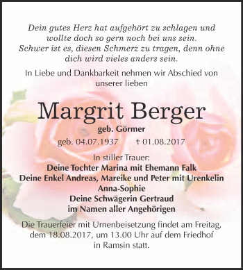 Traueranzeige von Margrit Berger von WVG - Wochenspiegel Bitterfeld