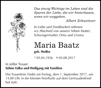 Traueranzeige von Maria Baatz von Mitteldeutsche Zeitung Halle/Saalkreis