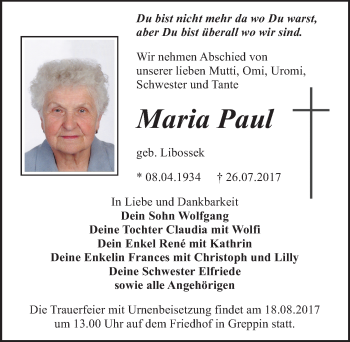Traueranzeige von Maria Paul von Mitteldeutsche Zeitung Bitterfeld