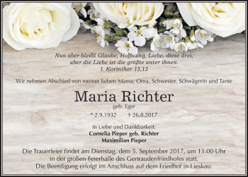 Traueranzeige von Maria Richter von Mitteldeutsche Zeitung Halle/Saalkreis