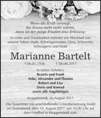 Traueranzeige von Marianne Bartelt von WVG - Wochenspiegel Quedlinburg