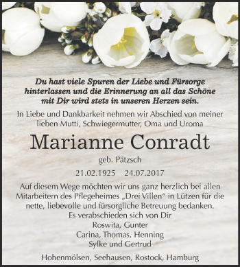 Traueranzeige von Marianne Conradt von WVG - Wochenspiegel NMB / WSF / ZTZ