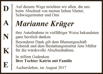 Traueranzeige von Marianne Krüger von Super Sonntag Aschersleben