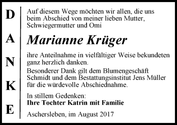 Traueranzeige von Marianne Krüger von Mitteldeutsche Zeitung Aschersleben