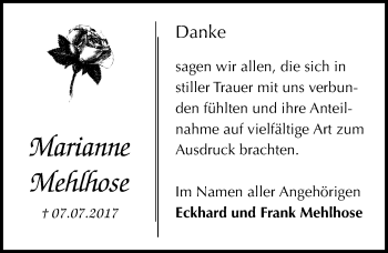 Traueranzeige von Marianne Mehlhose von Mitteldeutsche Zeitung Halle/Saalkreis