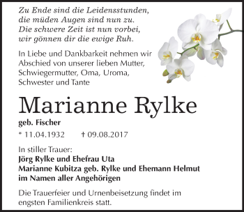 Traueranzeige von Marianne Rylke von Mitteldeutsche Zeitung Bitterfeld
