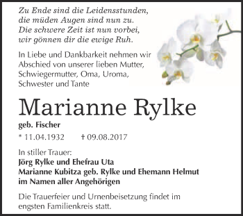 Traueranzeige von Marianne Rylke von WVG - Wochenspiegel Bitterfeld