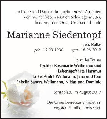 Traueranzeige von Marianne Siedentopf von WVG - Wochenspiegel Merseburg