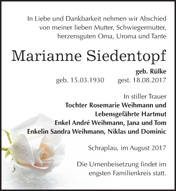 Traueranzeige von Marianne Siedentopf von Mitteldeutsche Zeitung Merseburg/Querfurt