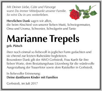 Traueranzeige von Marianne Trepels von Wochenspiegel Mansfelder Land