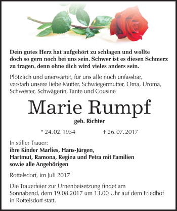 Traueranzeige von Marie Rumpf von Mitteldeutsche Zeitung Mansfelder Land