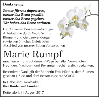 Traueranzeige von Marie Rumpf von Mitteldeutsche Zeitung Mansfelder Land