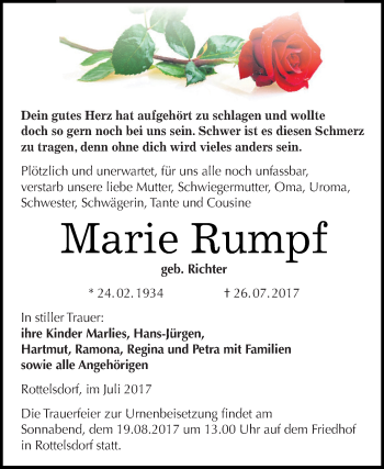 Traueranzeige von Marie Rumpf von Wochenspiegel Mansfelder Land