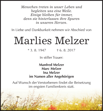 Traueranzeige von Marlies Melzer von Mitteldeutsche Zeitung Halle/Saalkreis