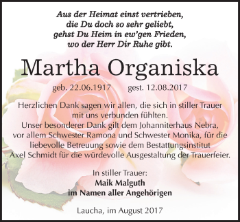 Traueranzeige von Martha Organiska von Mitteldeutsche Zeitung Naumburg/Nebra
