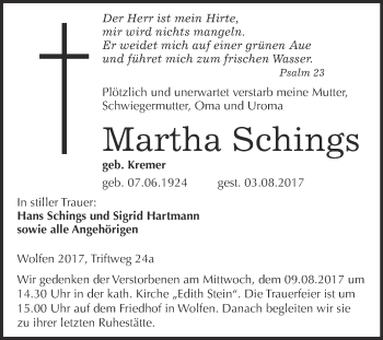 Traueranzeige von Martha Schings von WVG - Wochenspiegel Bitterfeld