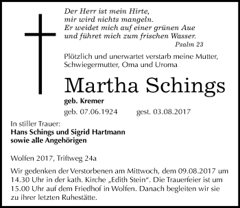 Traueranzeige von Martha Schings von Mitteldeutsche Zeitung Bitterfeld