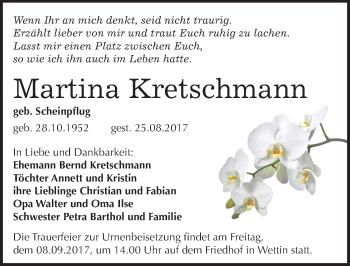 Traueranzeige von Martina Kretschmann von Mitteldeutsche Zeitung Halle/Saalkreis