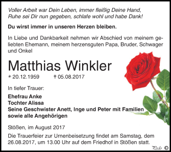 Traueranzeige von Matthias Winkler von WVG - Wochenspiegel NMB / WSF / ZTZ