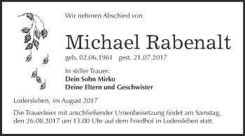 Traueranzeige von Michael Rabenalt von WVG - Wochenspiegel Merseburg