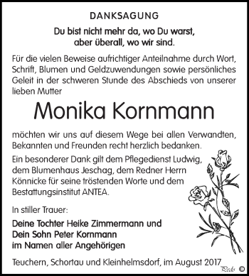 Traueranzeige von Monika Kornmann von WVG - Wochenspiegel NMB / WSF / ZTZ