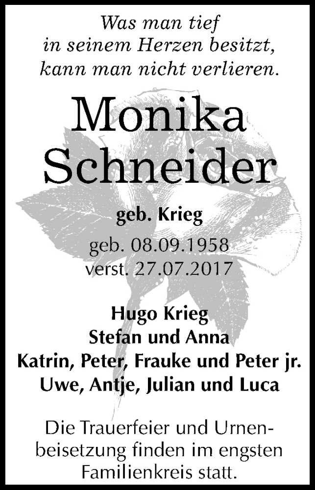  Traueranzeige für Monika Schneider vom 05.08.2017 aus Mitteldeutsche Zeitung Halle/Saalkreis
