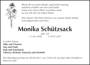 Traueranzeige von Monika Schützsack von WVG - Wochenspiegel Bitterfeld