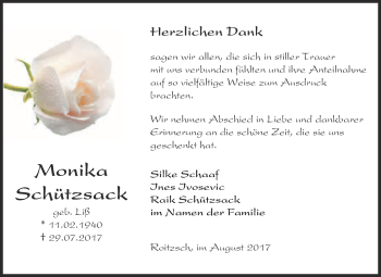 Traueranzeige von Monika Schützsack von WVG - Wochenspiegel Bitterfeld