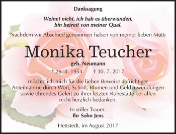 Traueranzeige von Monika Teucher von Mitteldeutsche Zeitung Mansfelder Land