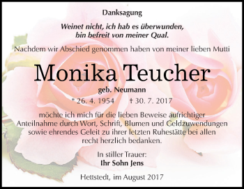 Traueranzeige von Monika Teucher von Wochenspiegel Mansfelder Land