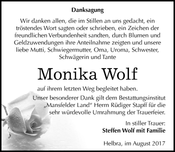 Traueranzeige von Monika Wolf von Mitteldeutsche Zeitung Mansfelder Land