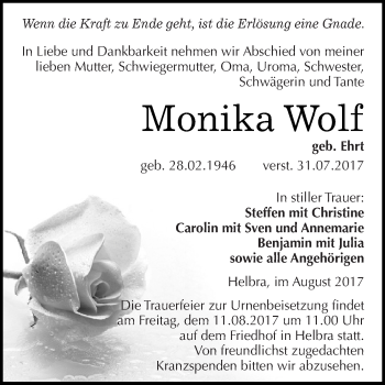 Traueranzeige von Monika Wolf von Wochenspiegel Mansfelder Land