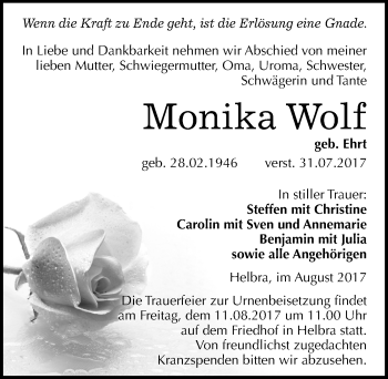 Traueranzeige von Monika Wolf von Mitteldeutsche Zeitung Mansfelder Land