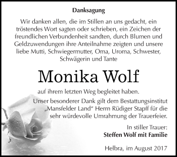 Traueranzeige von Monika Wolf von Wochenspiegel Mansfelder Land