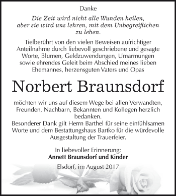 Traueranzeige von Norbert Braunsdorf von WVG - Wochenspiegel Dessau / Köthen