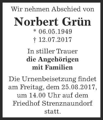 Traueranzeige von Norbert Grün von Super Sonntag Bernburg