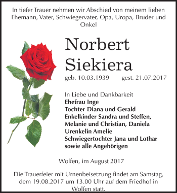 Traueranzeige von Norbert Siekiera von Mitteldeutsche Zeitung Bitterfeld