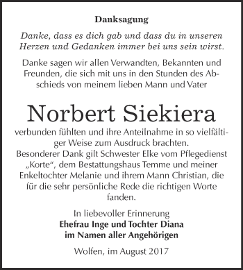 Traueranzeige von Norbert Siekiera von WVG - Wochenspiegel Bitterfeld