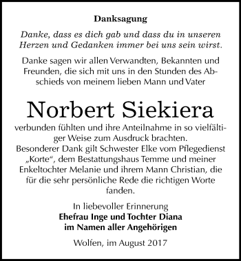 Traueranzeige von Norbert Siekiera von Mitteldeutsche Zeitung Bitterfeld