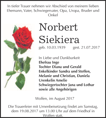 Traueranzeige von Norbert Siekiera von WVG - Wochenspiegel Bitterfeld