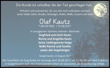 Traueranzeige von Olaf Kautz von WVG - Wochenspiegel SGH
