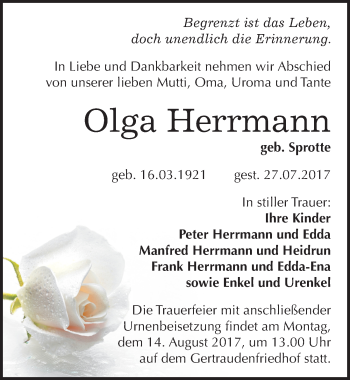 Traueranzeige von Olga Herrmann von Mitteldeutsche Zeitung Halle/Saalkreis