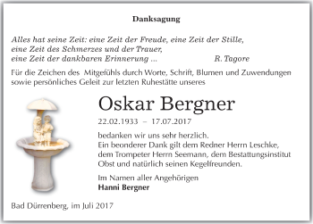 Traueranzeige von Oskar Bergner von Mitteldeutsche Zeitung Merseburg/Querfurt