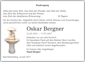 Traueranzeige von Oskar Bergner von Super Sonntag Merseburg