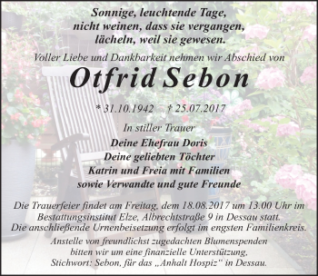 Traueranzeige von Otfrid Sebon von Mitteldeutsche Zeitung Dessau-Roßlau