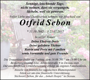 Traueranzeige von Otfrid Sebon von WVG - Wochenspiegel Dessau / Köthen