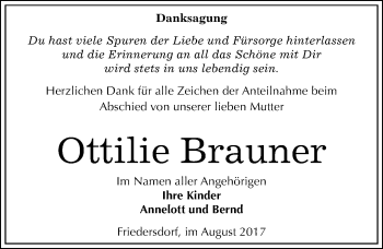 Traueranzeige von Ottilie Brauner von Mitteldeutsche Zeitung Bitterfeld