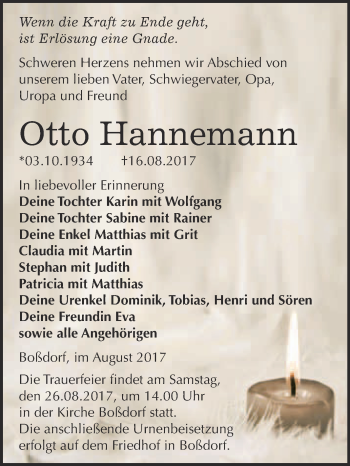 Traueranzeige von Otto Hannemann von WVG - Wochenspiegel Wittenberg