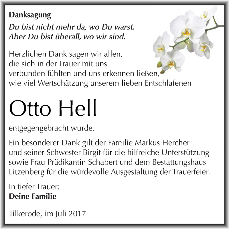  Traueranzeige für Otto Hell vom 02.08.2017 aus Wochenspiegel Mansfelder Land