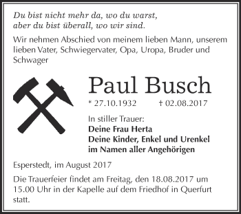 Traueranzeige von Paul Busch von WVG - Wochenspiegel Merseburg